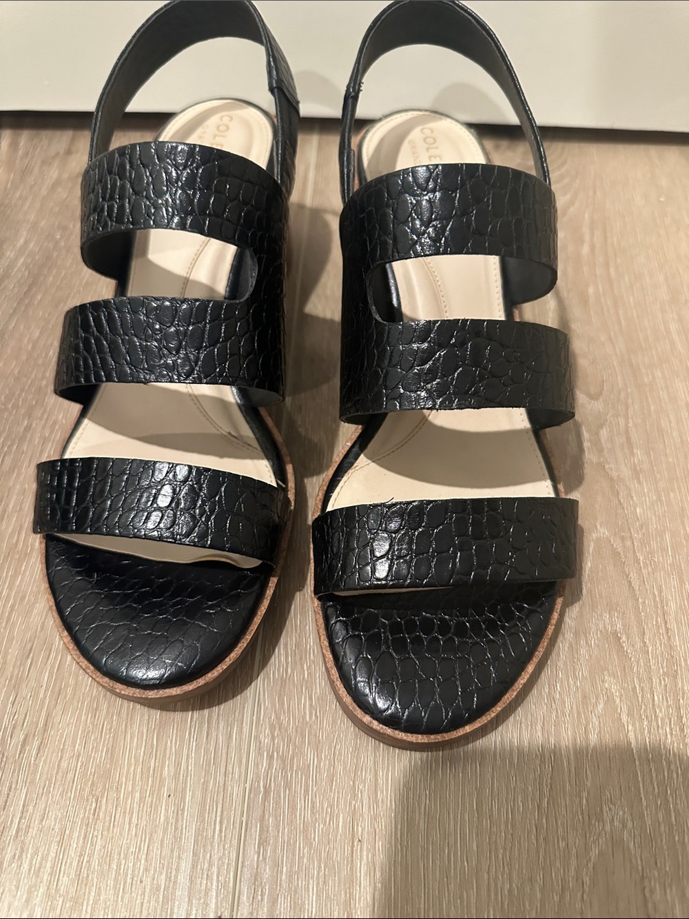 Cole Haan Black Croc-Texture Slingback Sandals